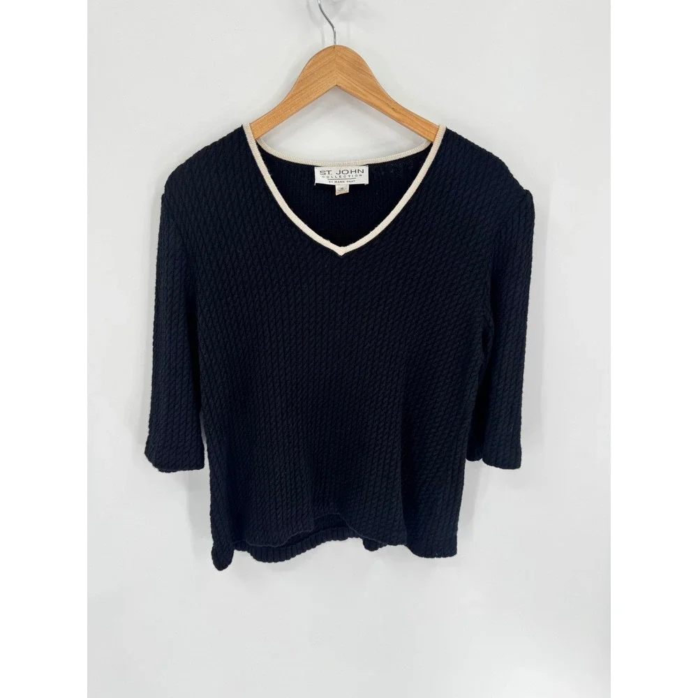 St. John Collection Knit Top Women‎ 10 Black V-Neck 3/4 Sleeve Textured Trim